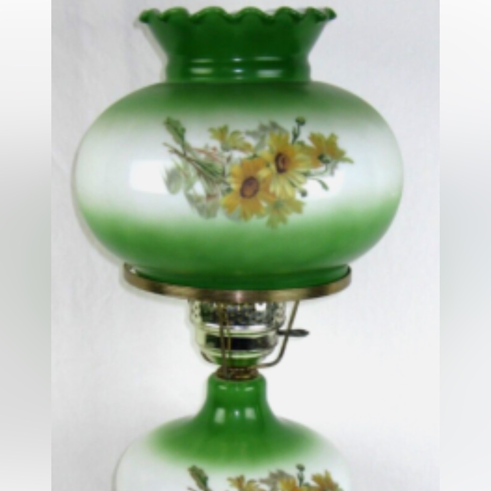 Vintage Green and White Floral Glass Lamp